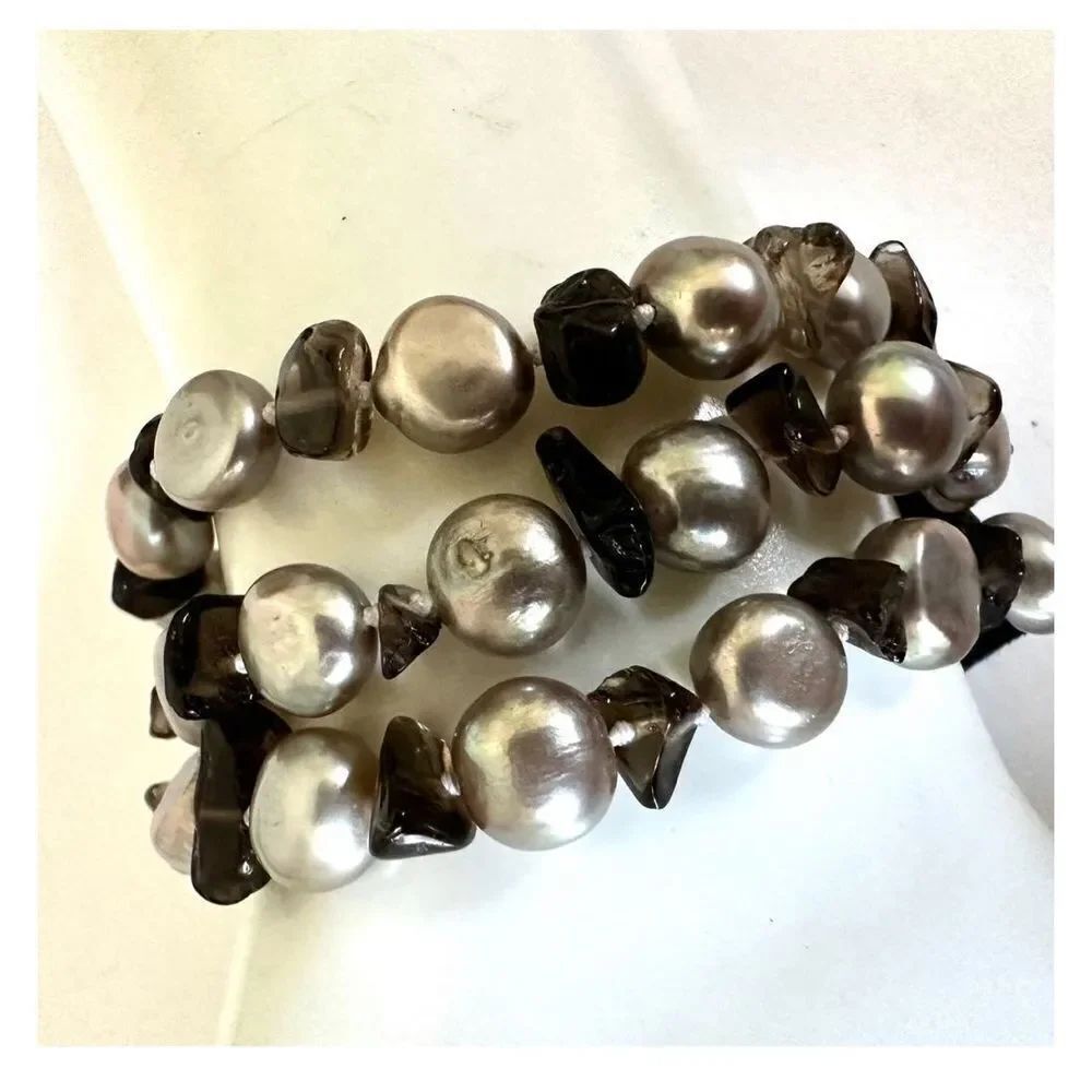 pearl and smoky quartz leather multi strand bracelet